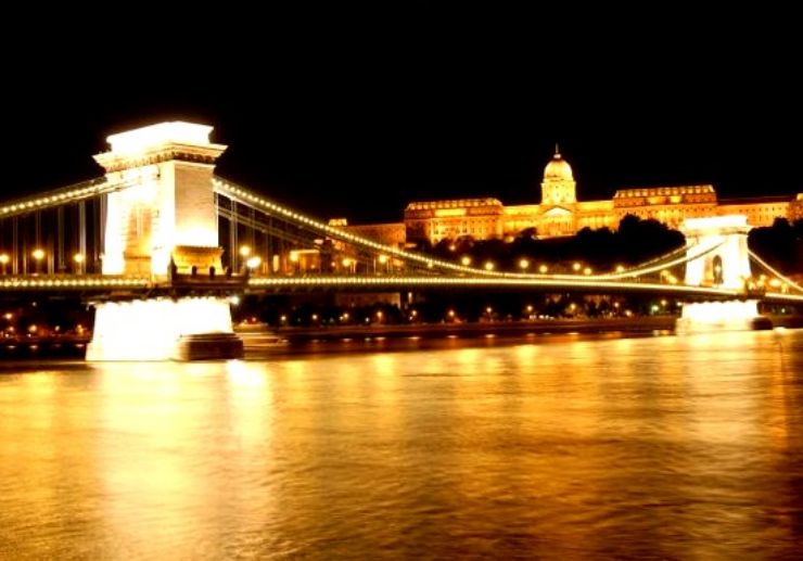 Chain bridge of Budapest at night time on cruise